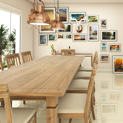 Sala de jantar em madeira e quadros